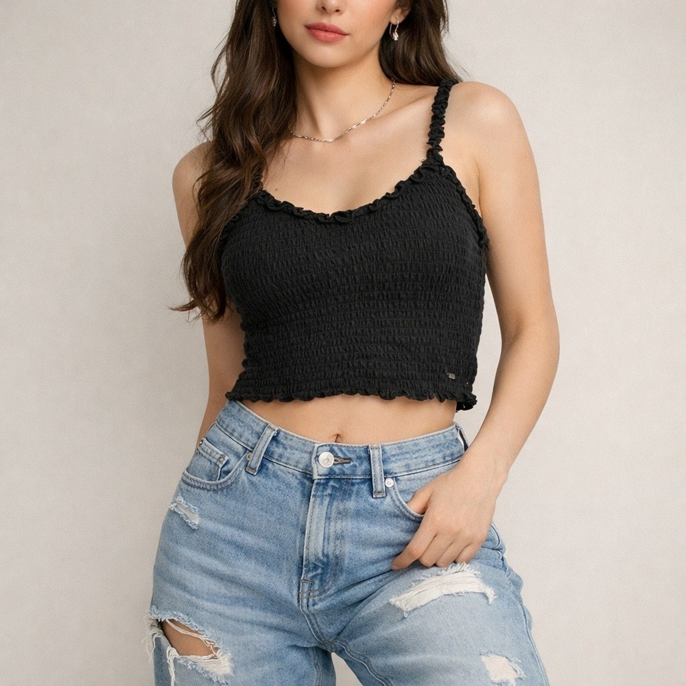 Hollister Black Smocked Ruffle Cami Crop Top‎ Womens Small Cotton Stretch Small